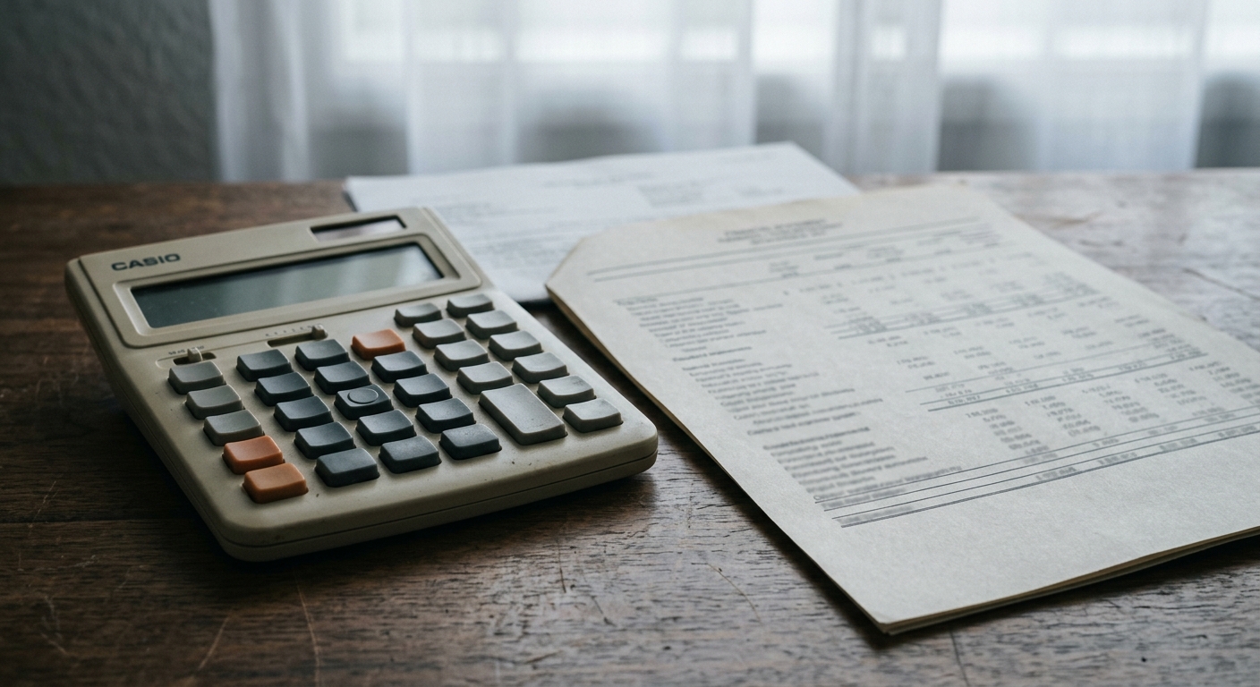 a calculator and a printed financial statement on a desk, no people