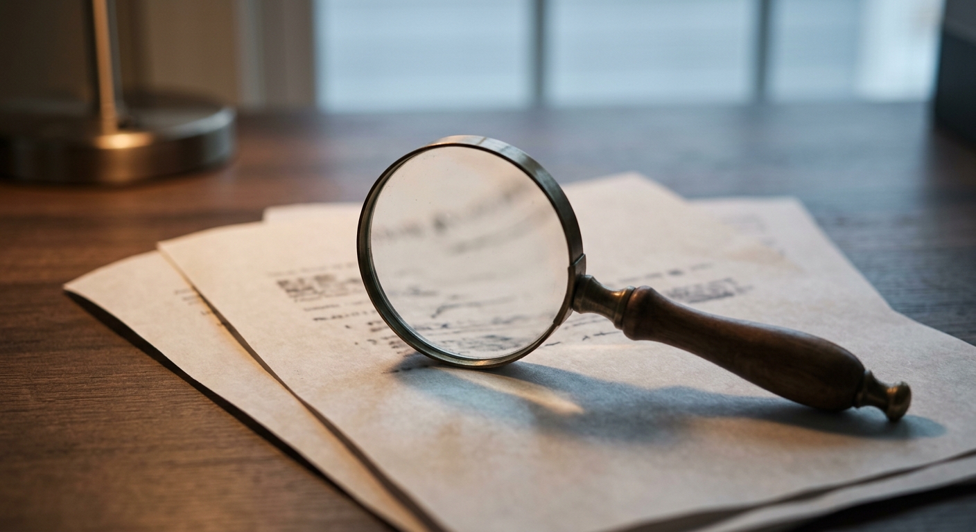 a magnifying glass resting on a printed legal document on a desk