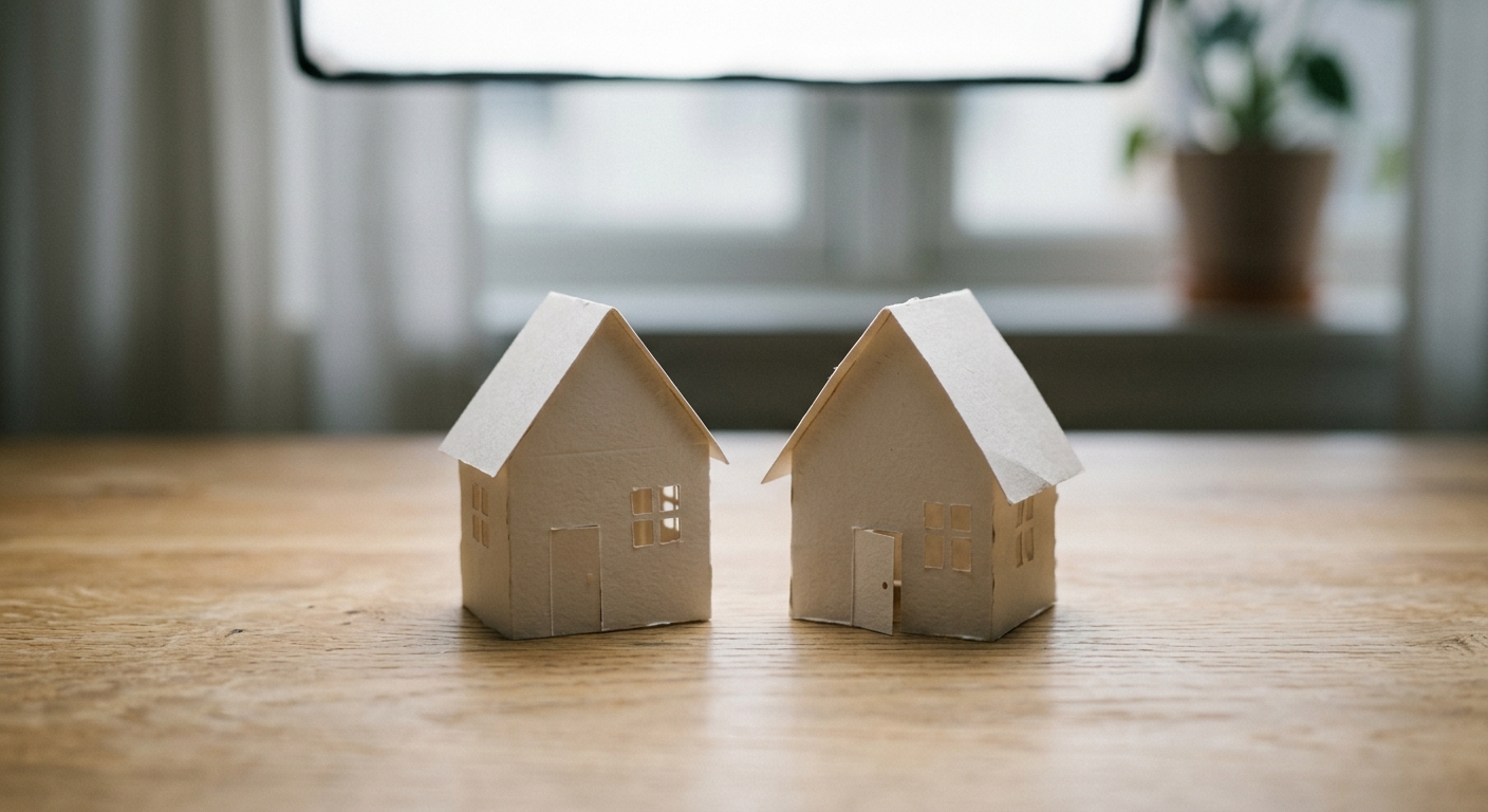 two simple paper house cutouts side by side on a clean desk, no people