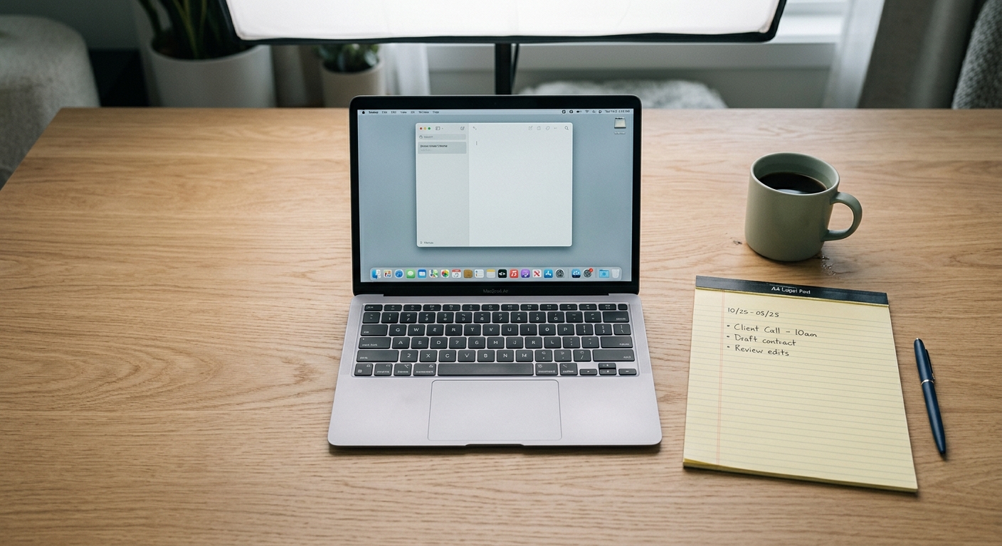 dmca: clean desk with a laptop, legal pad, and coffee mug in a modern office