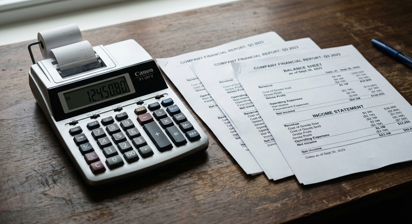 dmca: calculator beside printed financial statements on a desk