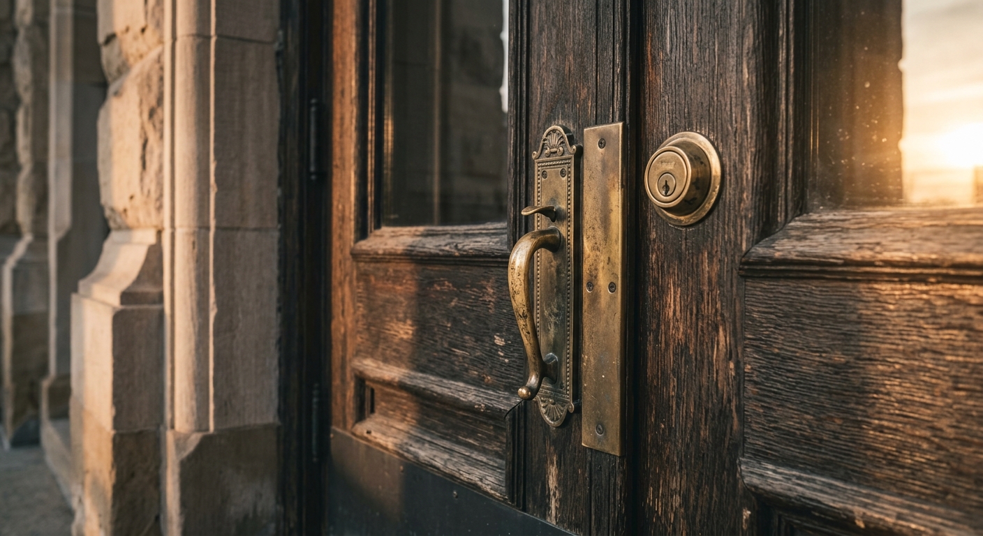 dmca: courthouse entrance door with brass handles