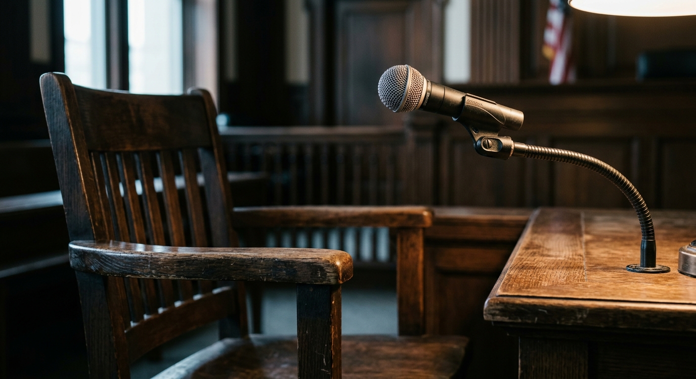 dmca: witness chair in a courtroom with a microphone