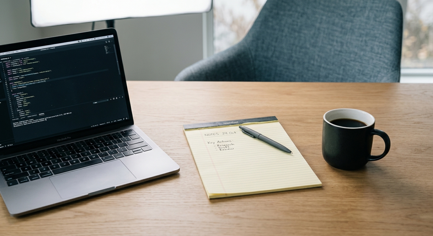 Florida clean desk with a laptop, legal pad, and coffee mug in a modern office