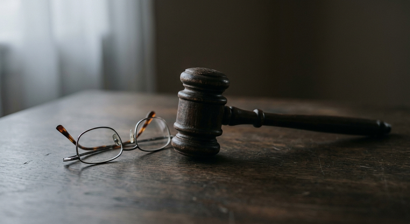 Florida gavel resting next to reading glasses on a dark surface