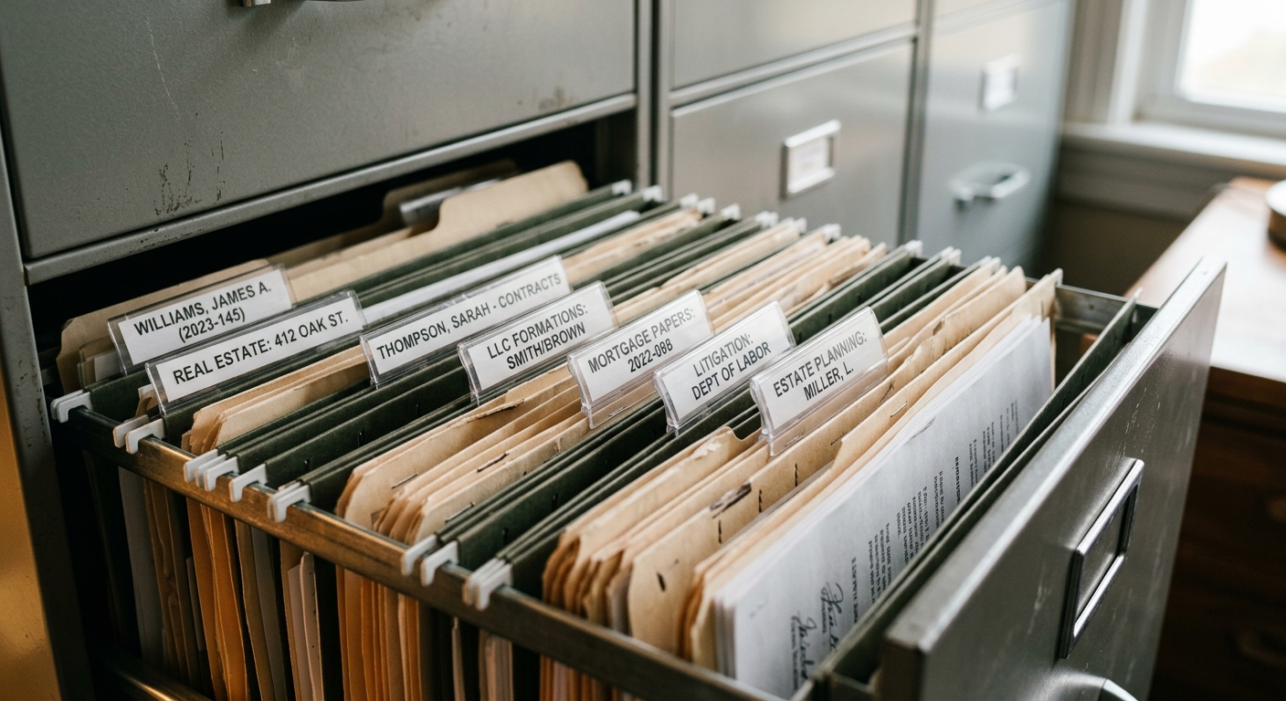 Arkansas filing cabinet with organized legal folders