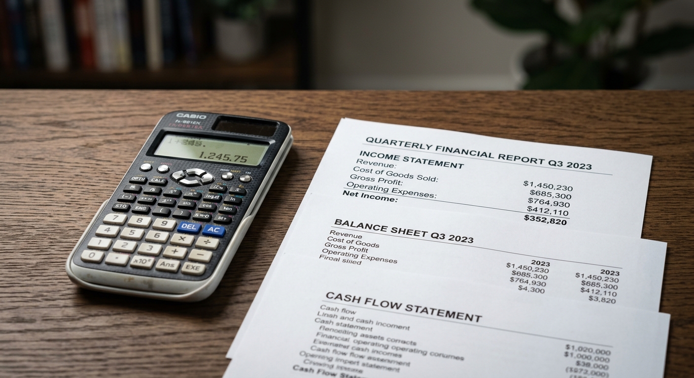 Arkansas calculator beside printed financial statements on a desk