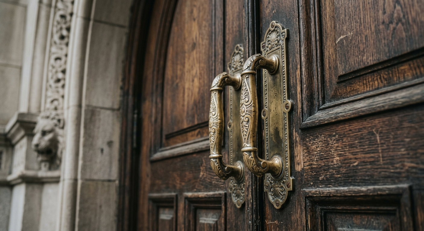 Texas courthouse entrance door with brass handles