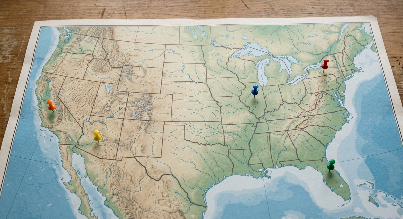a printed map of the United States on a desk with a few small colored pins