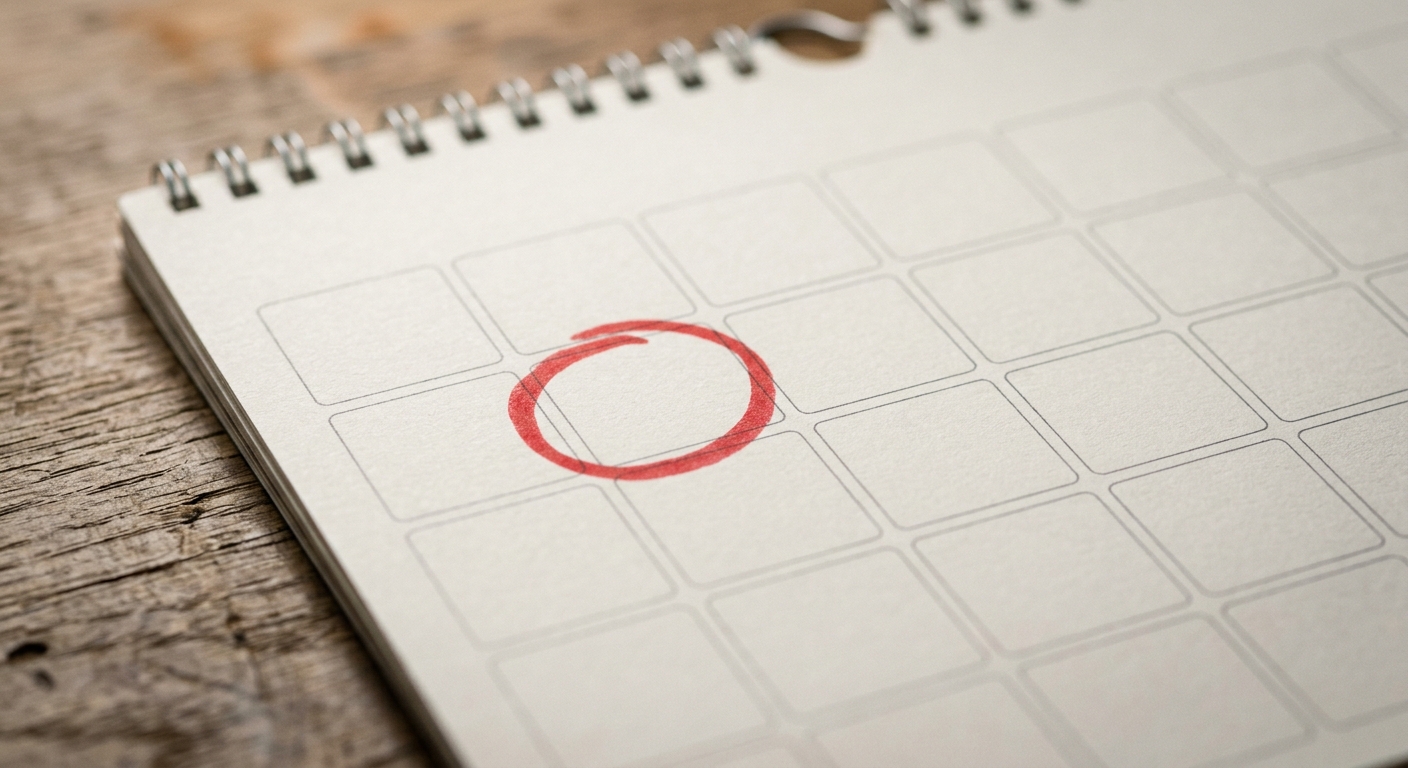 a wall calendar page with one date circled in red marker on a desk