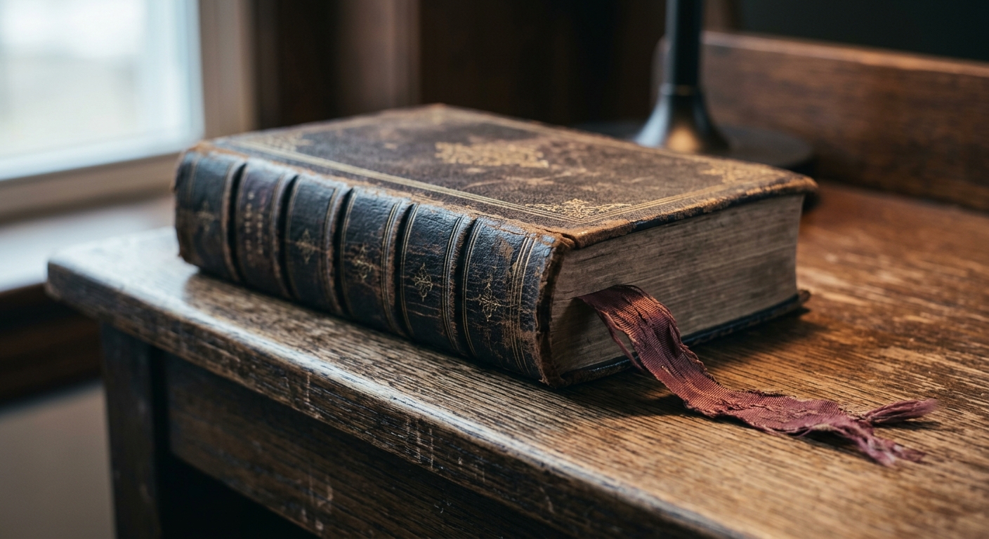 a closed law book with a faded ribbon marker resting on a bench