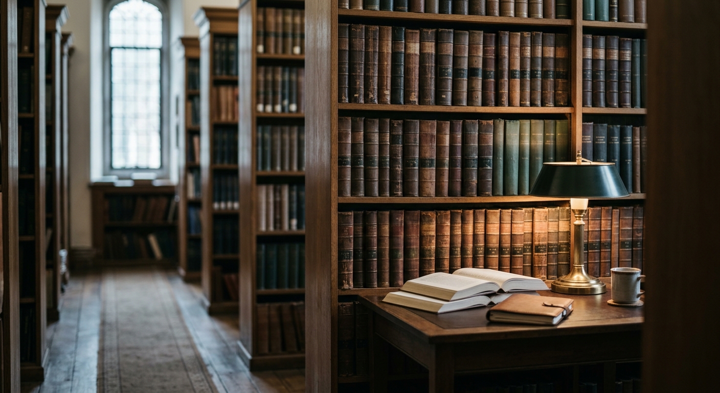a quiet law library aisle with tall shelves of bound legal volumes