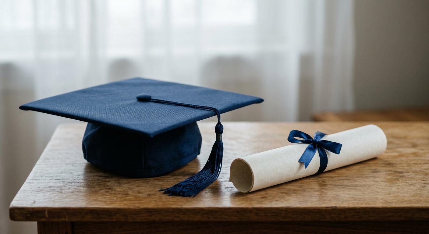a graduation cap resting on a plain table beside a rolled paper tied with ribbon