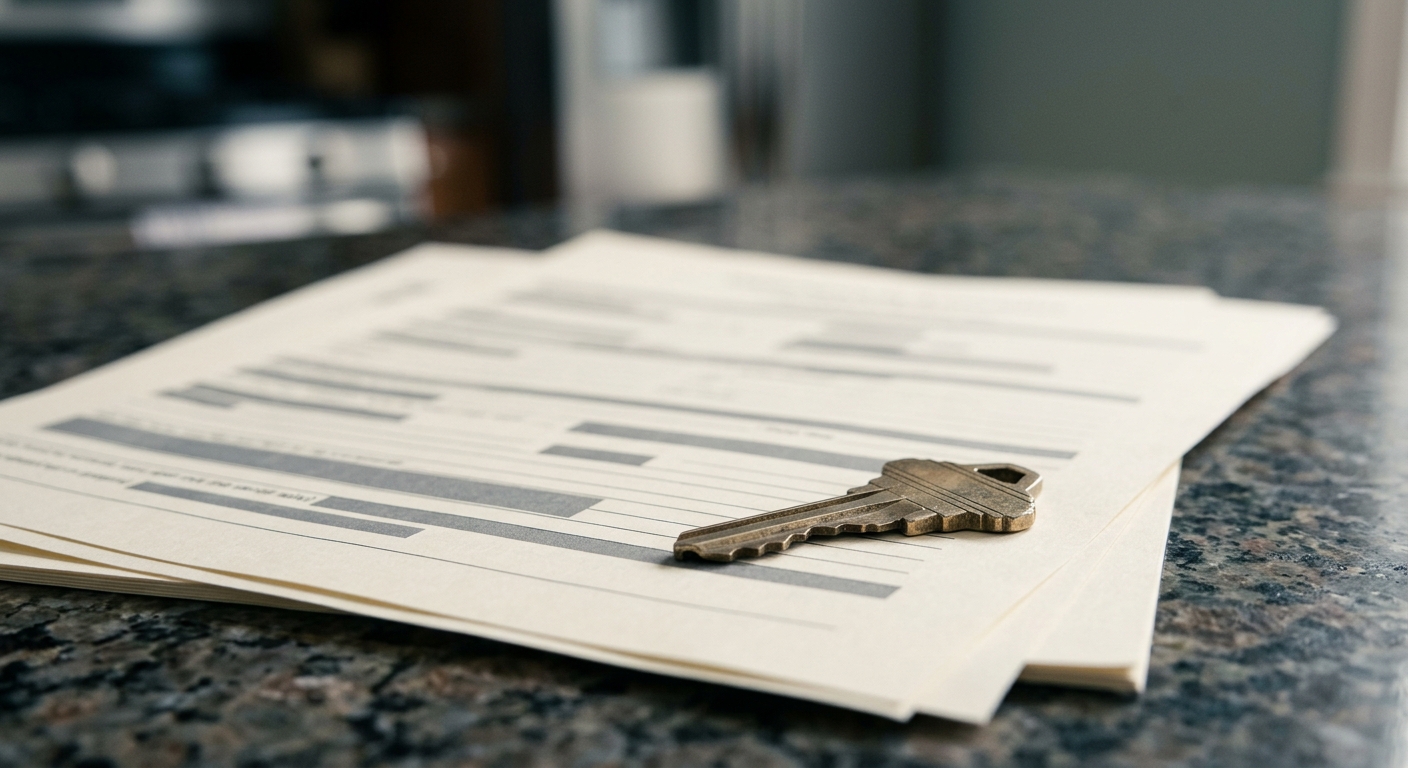 a house key resting on a printed lease form on a counter