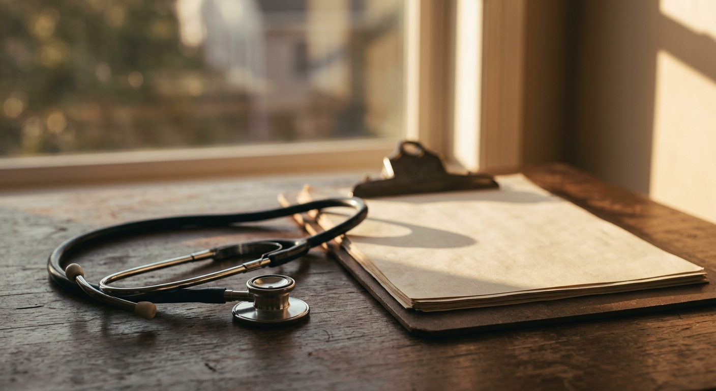 a stethoscope and a clipboard resting on a desk near a window