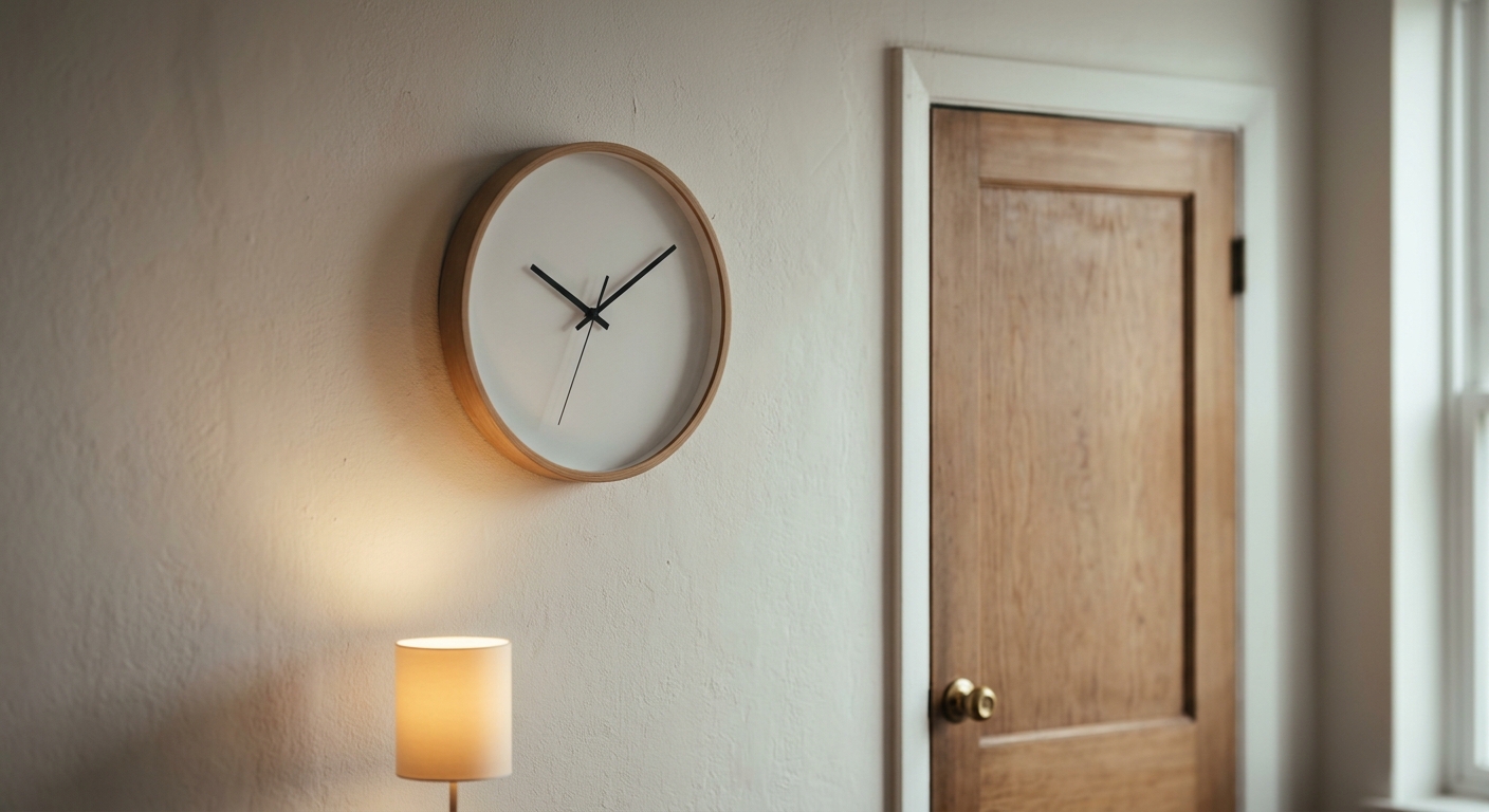 a simple wall clock on a plain wall beside a closed door