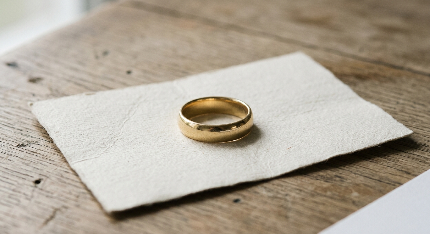 a plain gold wedding band resting on a small document on a table