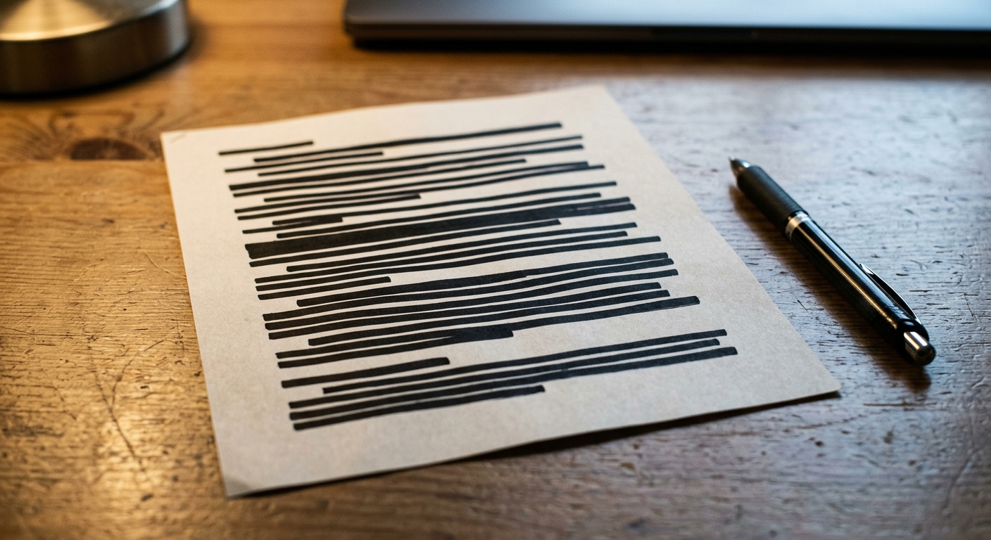 a document with several lines blacked out beside a pen