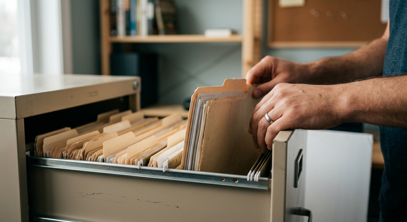 a manila folder being filed in a records cabinet drawer