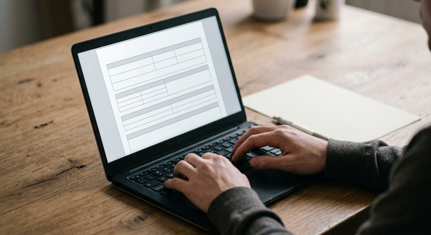 hands typing on a laptop showing a blank application form