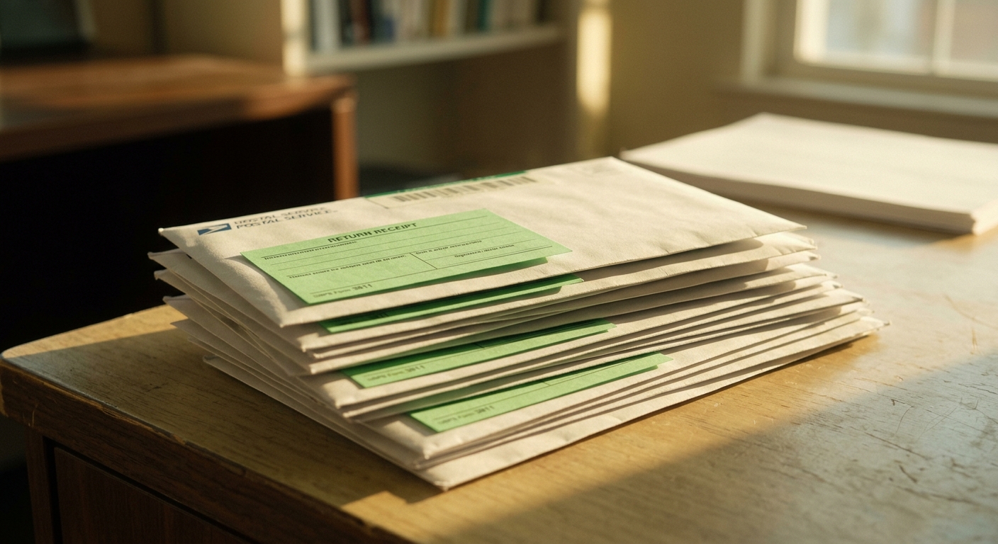a stack of certified mail envelopes with return receipt cards