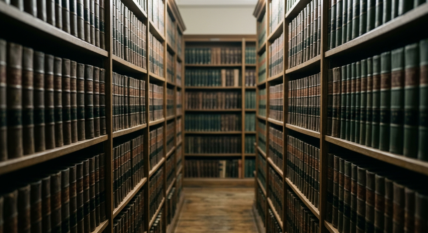 an aisle of law library shelves filled with legal volumes