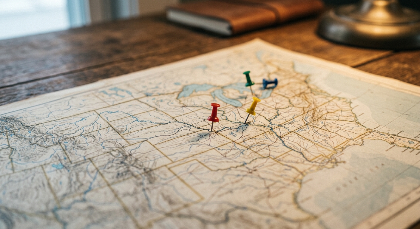 a printed map of the United States with small colored pins
