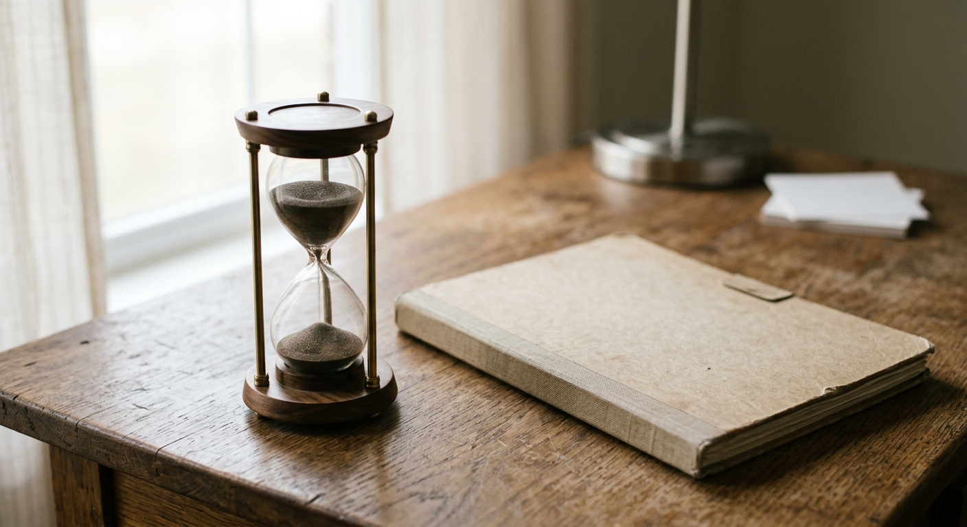 an hourglass beside a closed folder on a desk