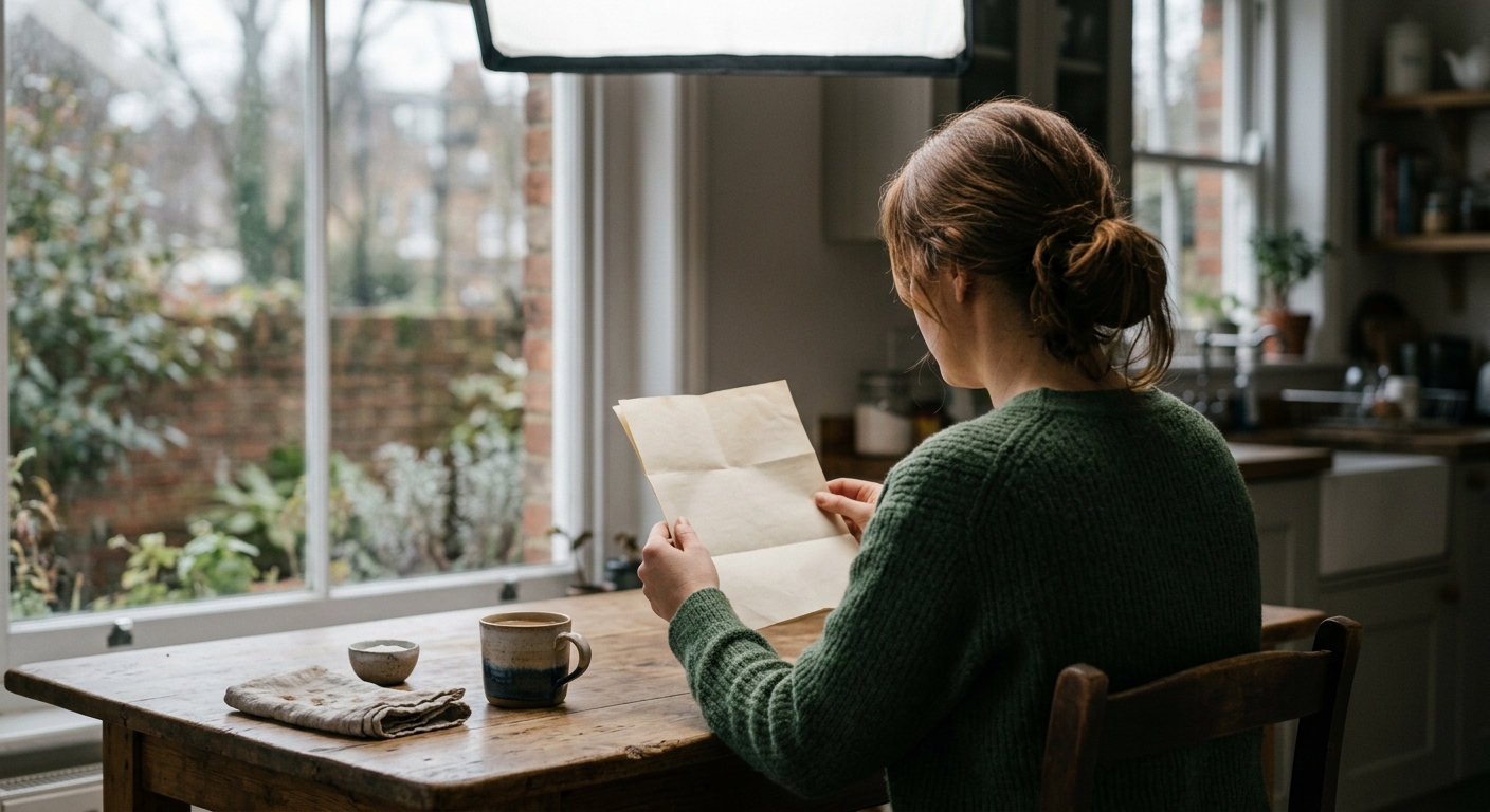 a person reading a printed letter at a kitchen table