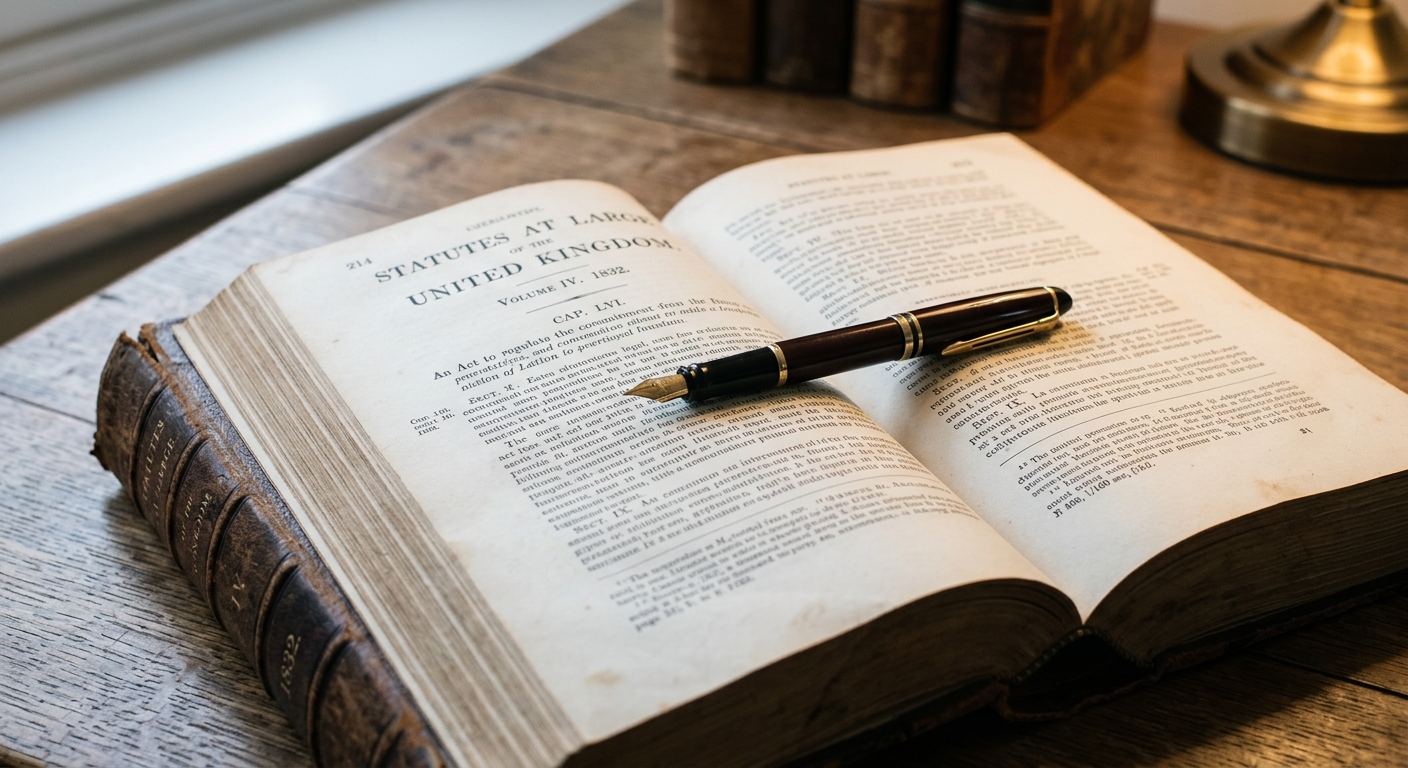 general legal: pen resting on an open legal statute book