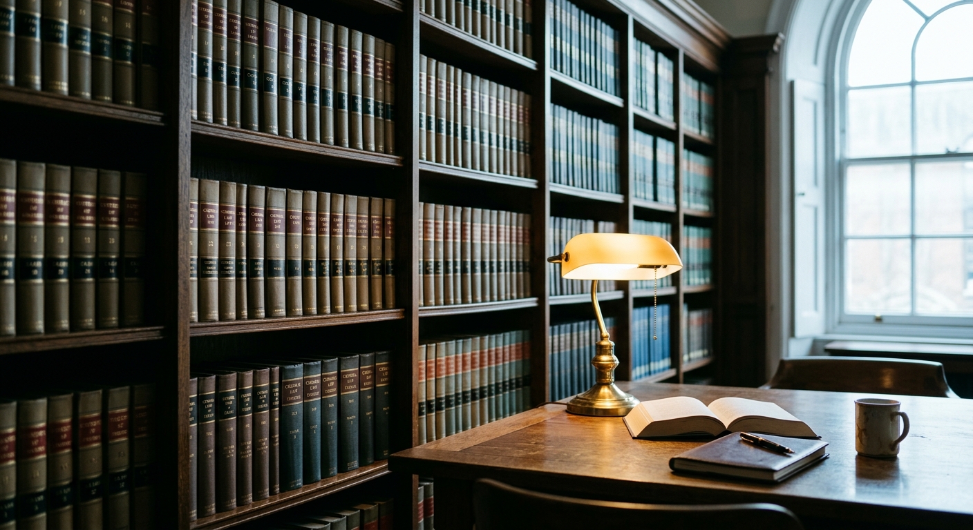 general legal: library reading room with rows of law books and a wooden desk