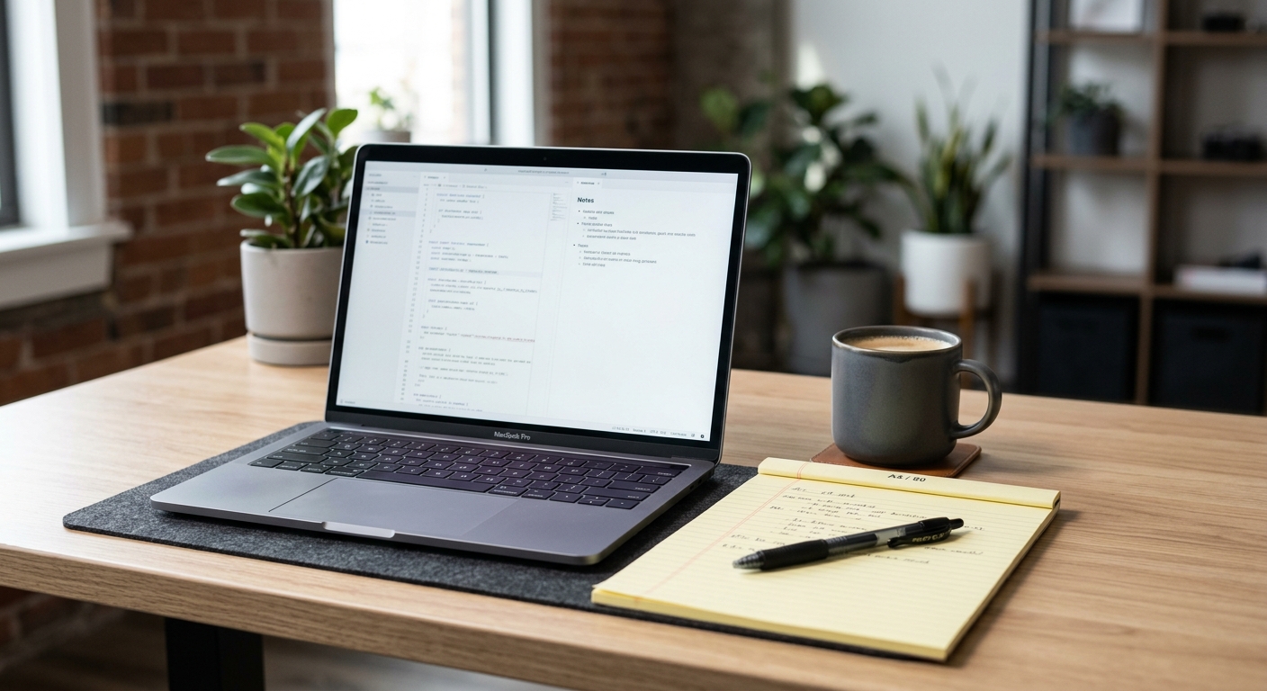 general legal: clean desk with a laptop, legal pad, and coffee mug in a modern office
