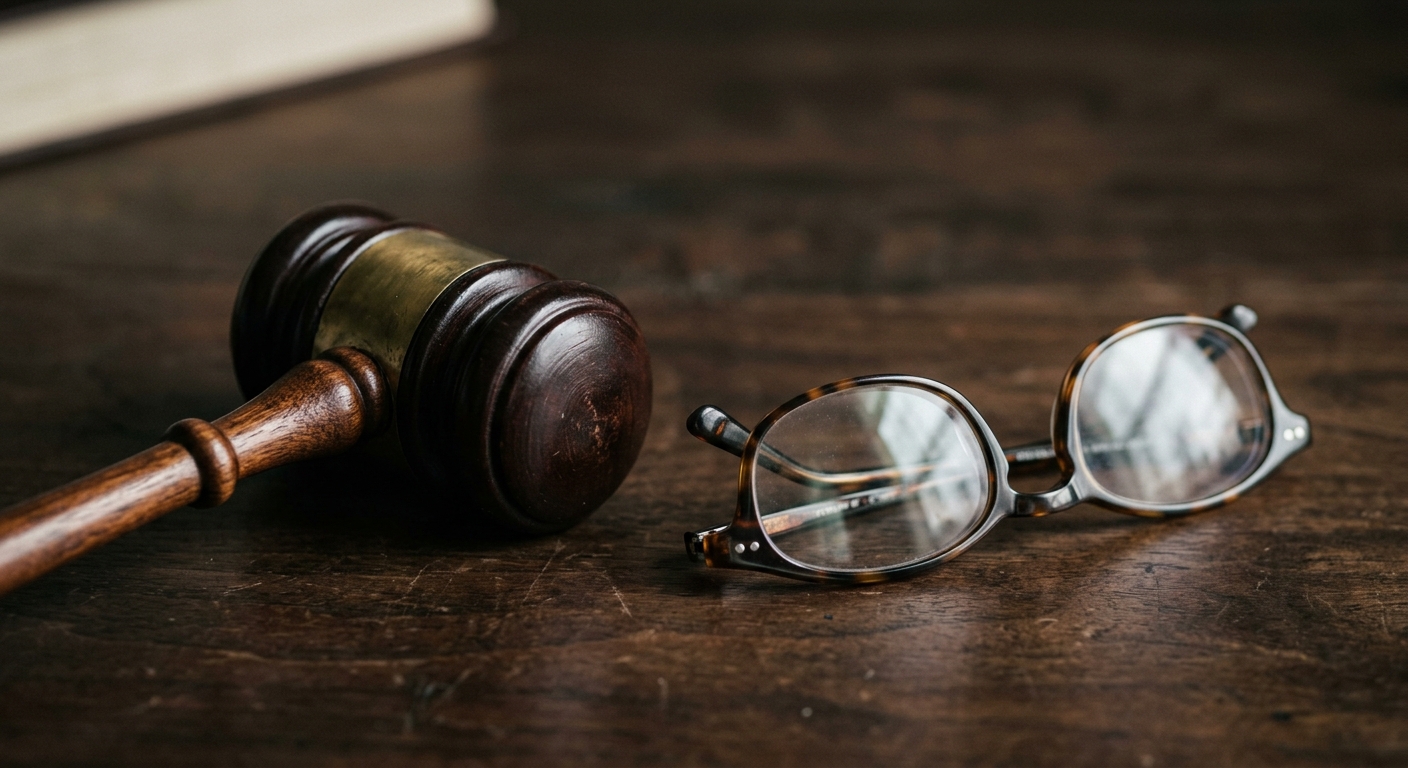 general legal: gavel resting next to reading glasses on a dark surface