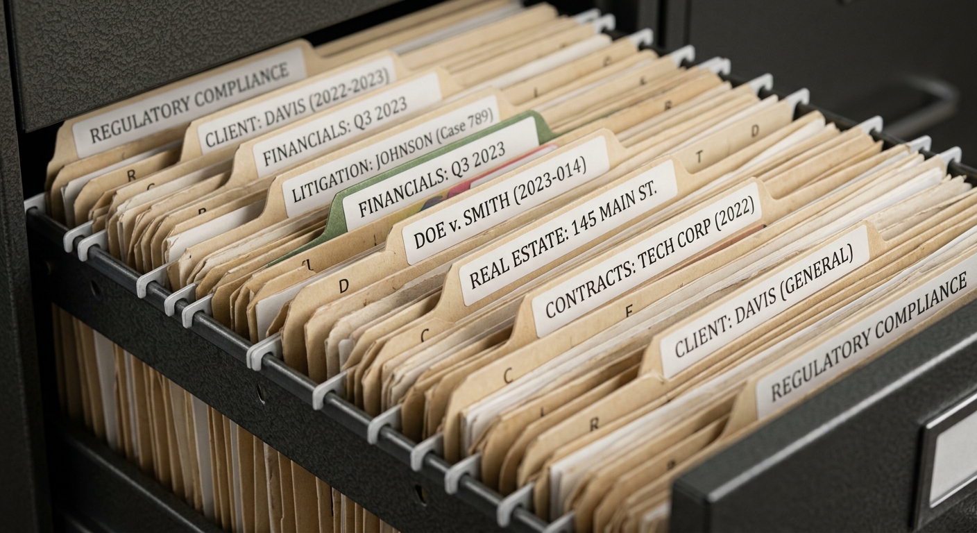 general legal: filing cabinet with organized legal folders