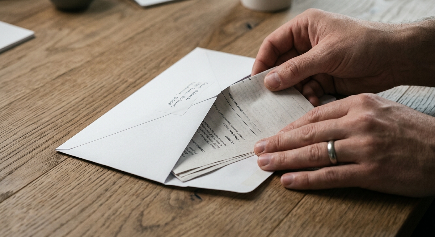 general legal: hands placing a document into a white envelope