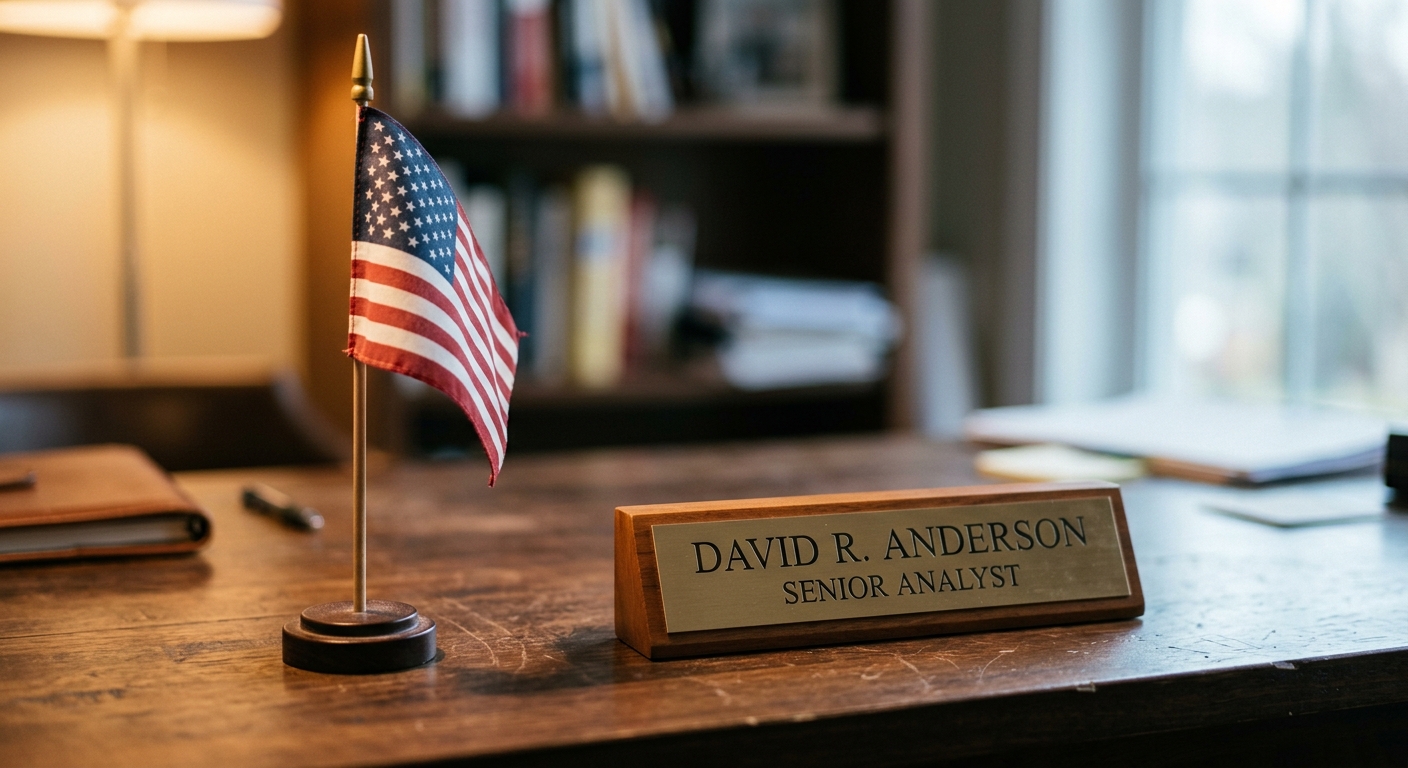 general legal: small american flag standing on a desk beside a nameplate