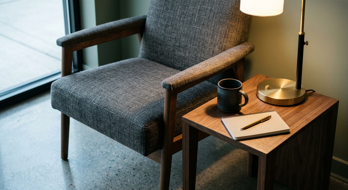 general legal: modern office reception area with a single chair and small table