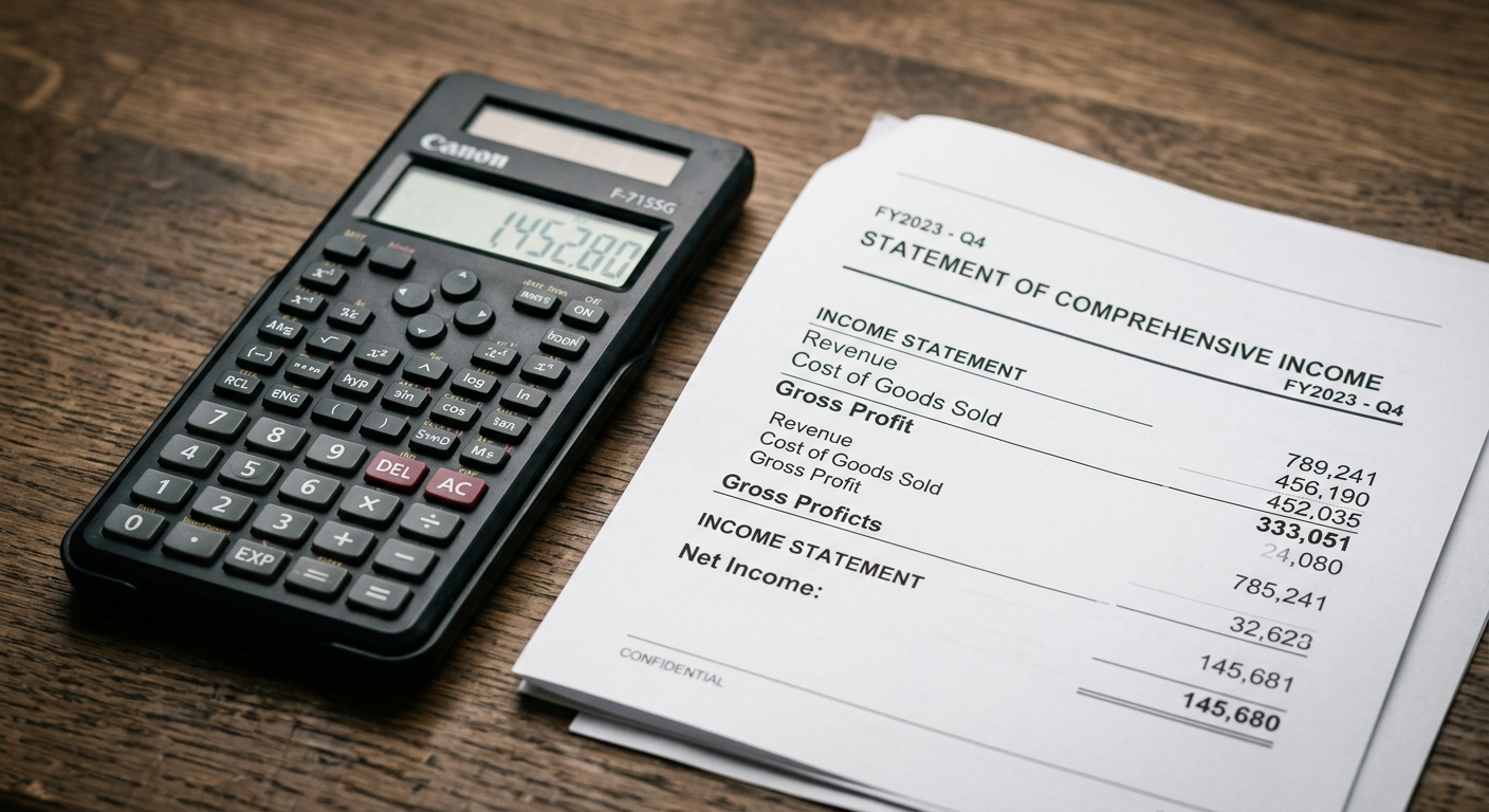 general legal: calculator beside printed financial statements on a desk