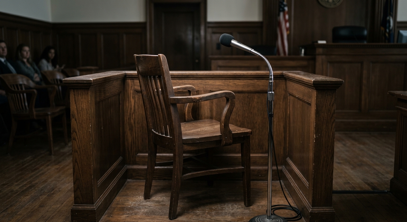 general legal: witness chair in a courtroom with a microphone
