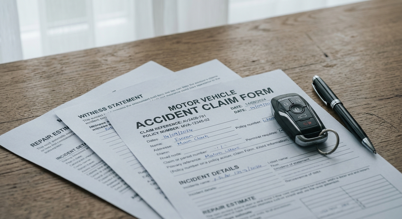 Utah insurance claim documents fanned out on a desk with car keys and a pen