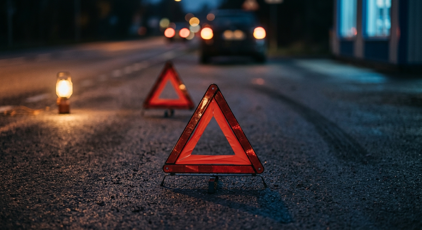 New Brunswick emergency roadside warning triangles placed on a dark road surface