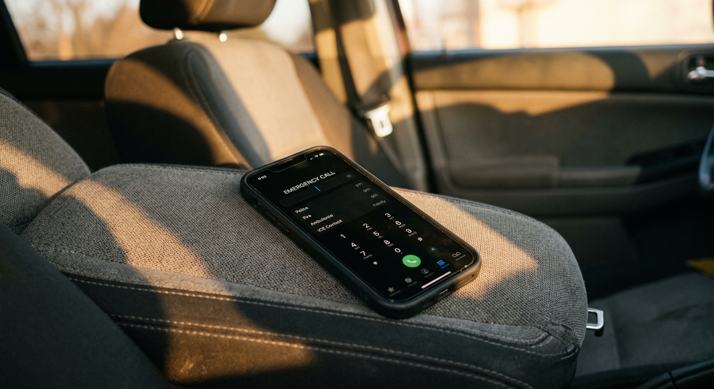 Illinois smartphone showing a dialing screen with emergency numbers, lying on a car seat