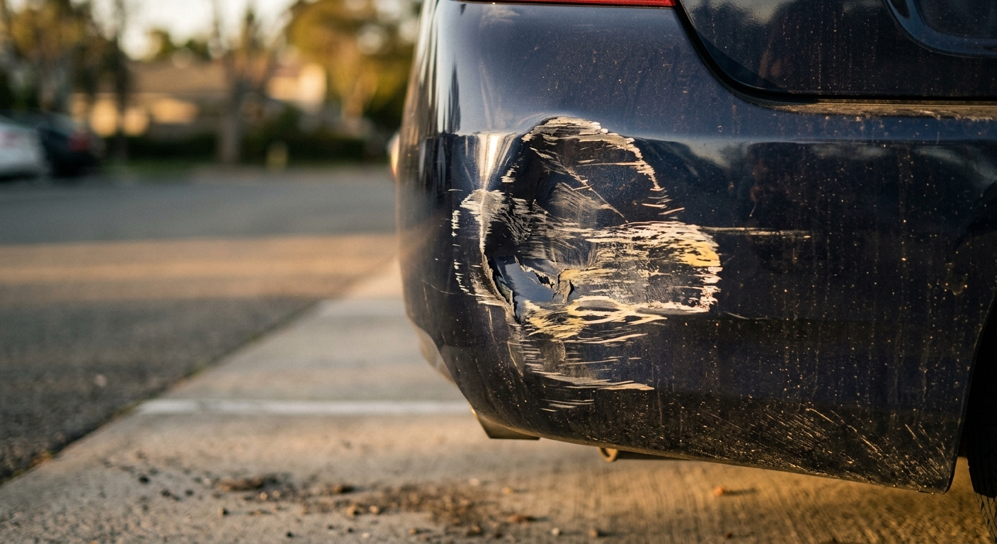 Alaska car rear bumper with a fresh dent and paint transfer marks