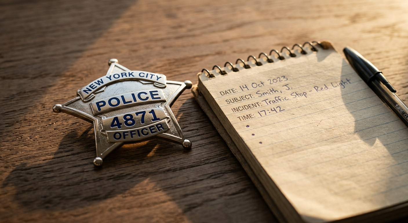 Alberta police badge and notepad on a desk surface