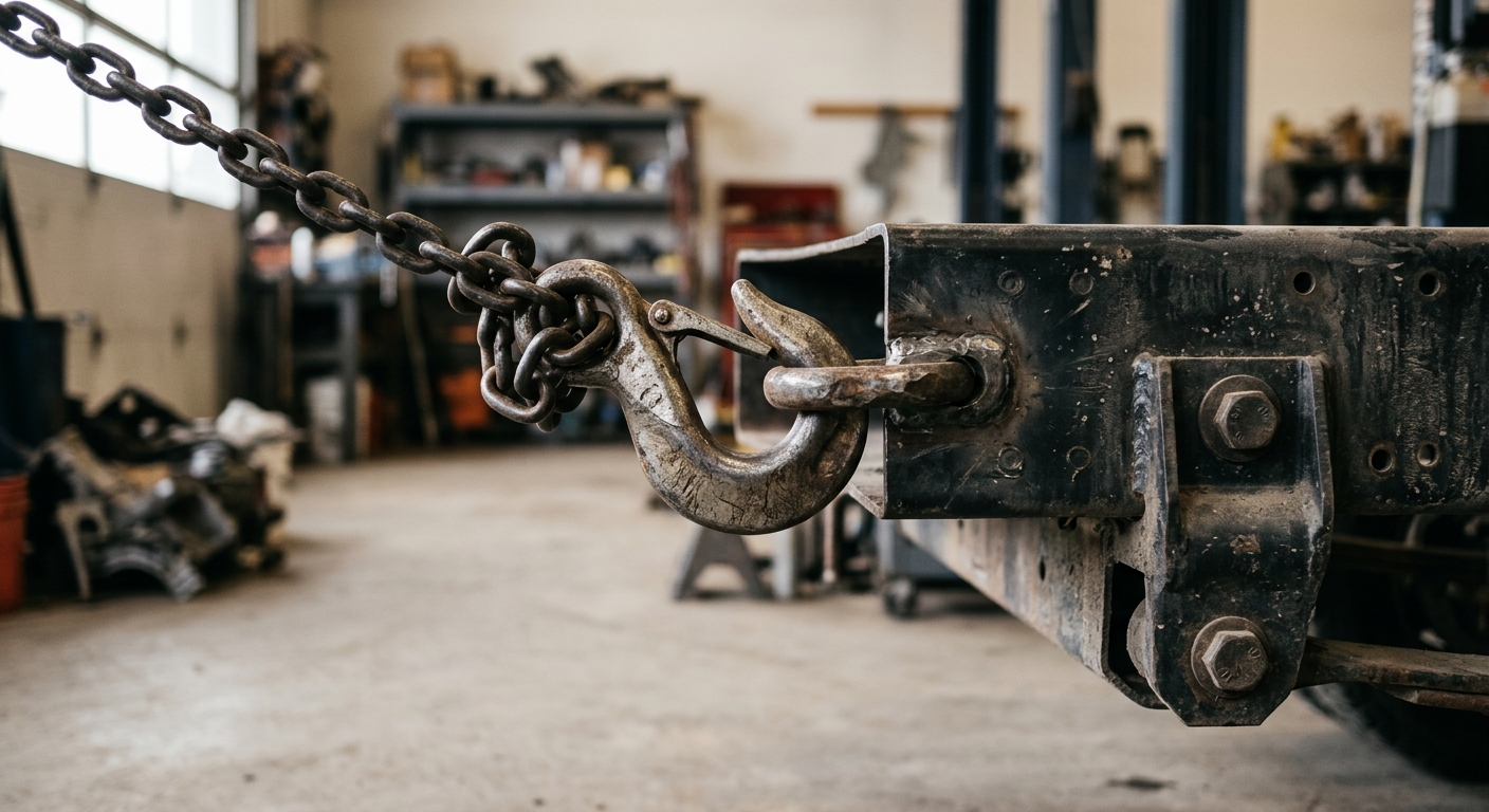 Arkansas tow truck hook and chain attached to a vehicle frame