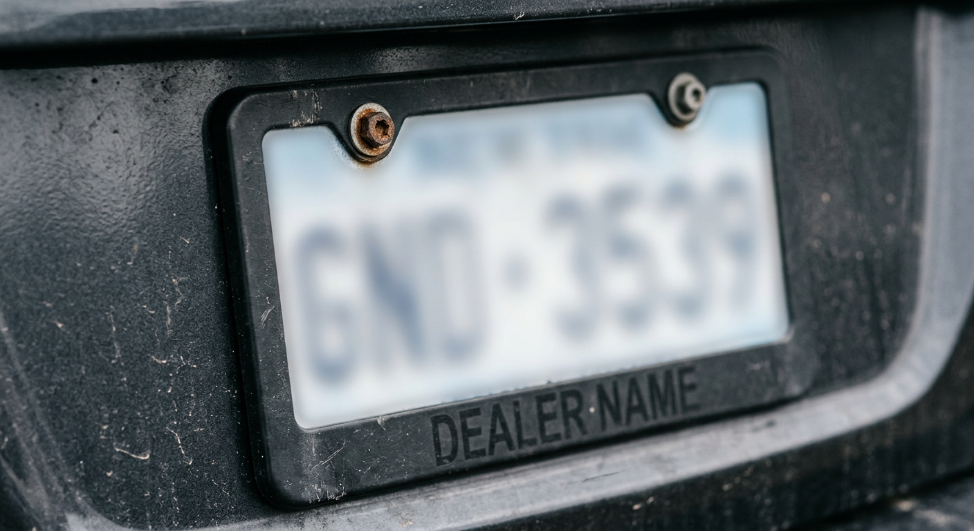 California close-up of a vehicle license plate frame, plate blurred out