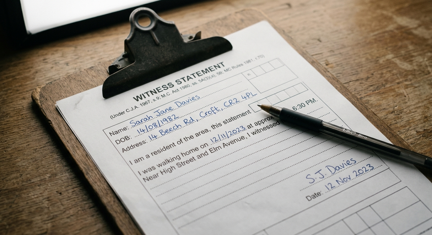 British Columbia witness statement form on a clipboard with a pen
