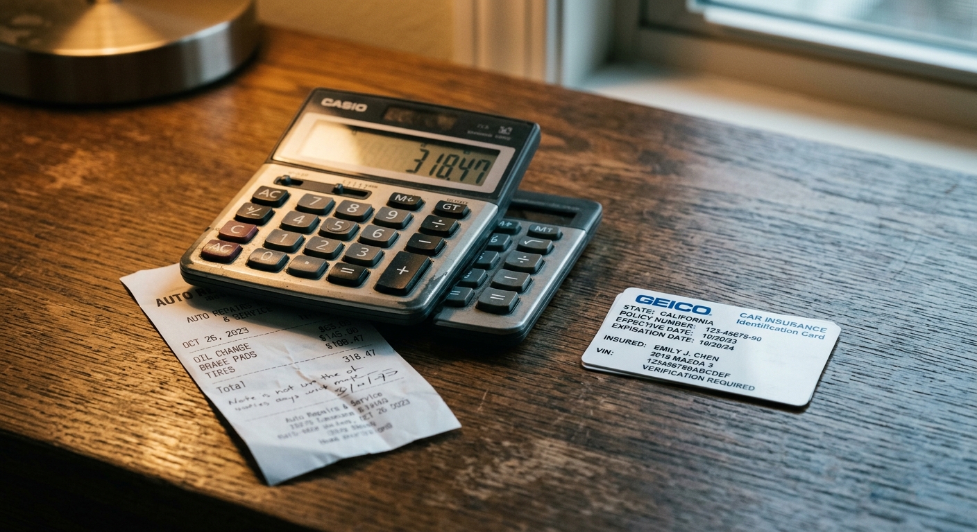 Missouri calculator and receipt on a desk beside a car insurance card