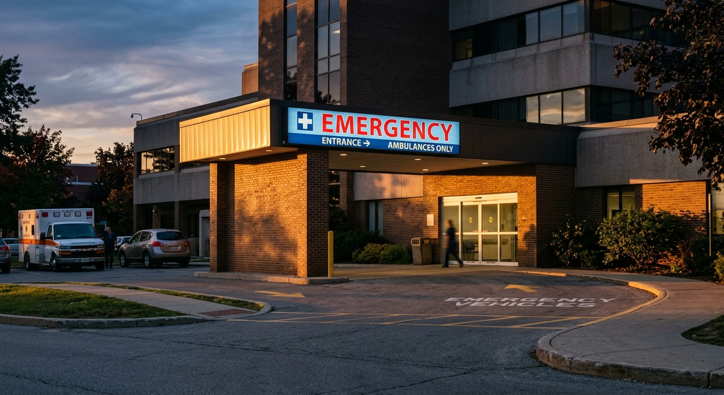 Hawaii hospital emergency entrance sign illuminated at twilight