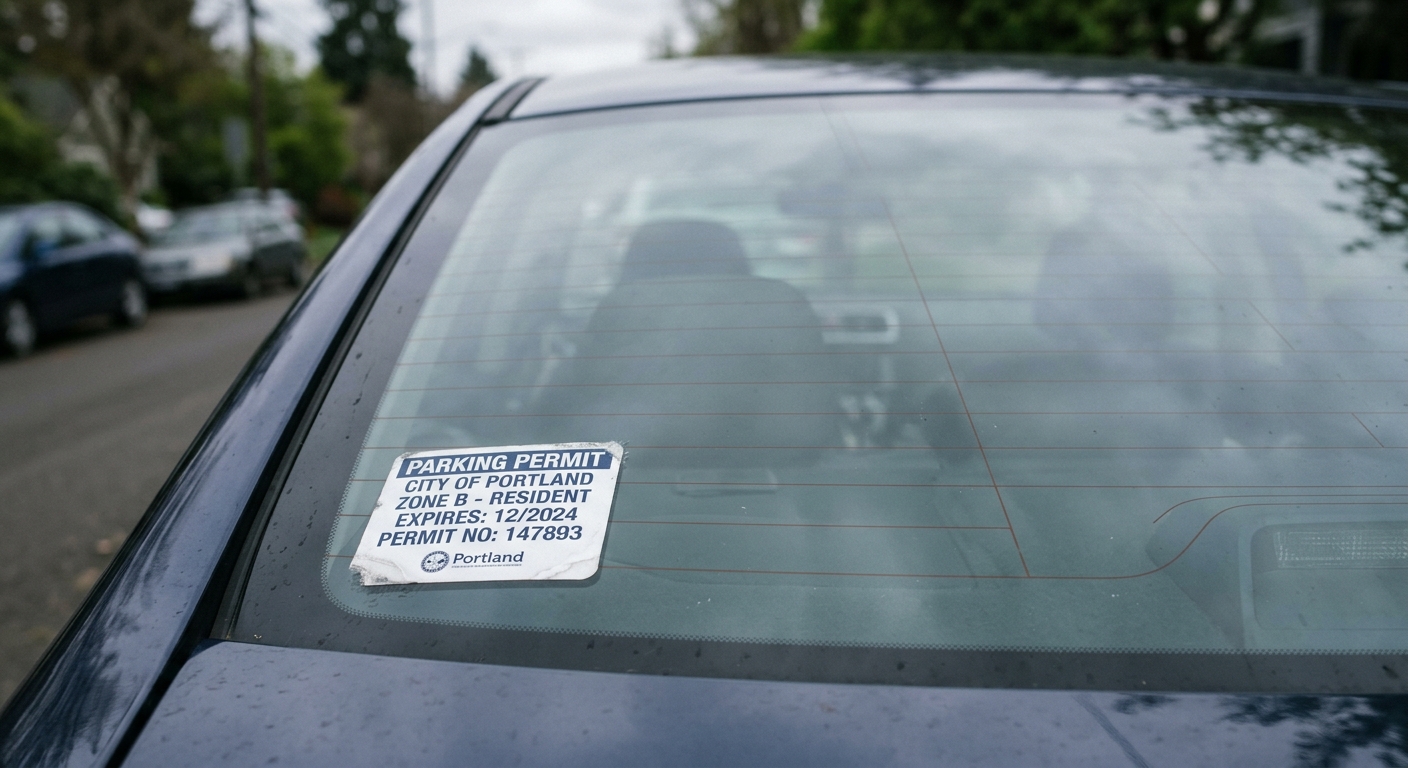 Ontario rear window of a vehicle with a parking permit sticker visible